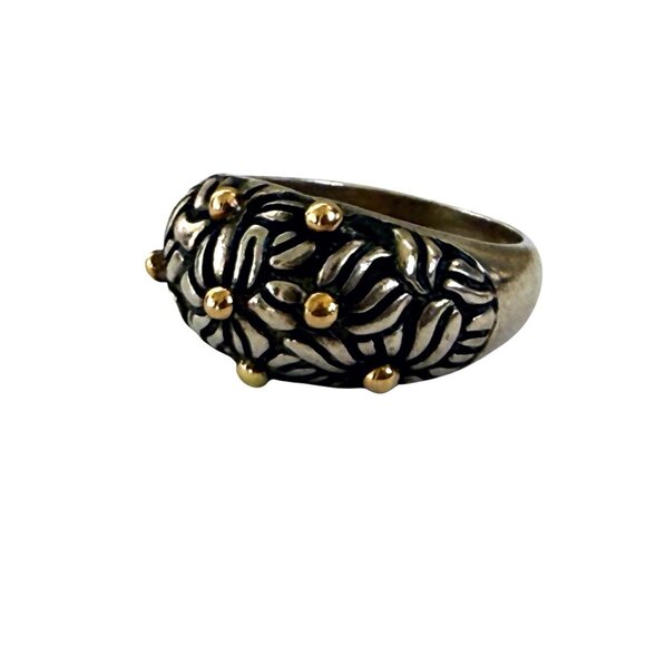 Vintage 90's 925 silver Floral Dome Ring Gold Vermeil Dots 6.4g Size 6 3/4 - Picture 5 of 12